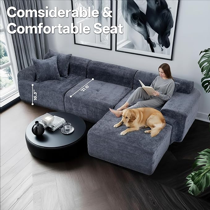 119’’ Modular Sectional Sofa Cloud Sectional Couch with Deep Seat Modern Modular Compression Sofa Couch with Chaise Upholstered Couches Throw Pillows for Living Room Bedroom Blue