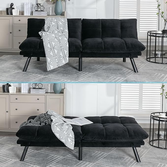 70“ Modern Velvet Futon Couch SleeperConvertible Sleeper Sofa Bed with Adjustable Backrests and Folding Armrest for Living Room Bedroom Office ApartmentSplit BackMattress Included (Black)