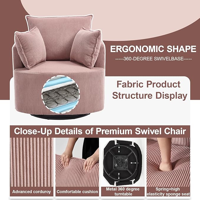Pink Accent ChairPink Swivel ChairSwivel Barrel ChairUpholstered Living Room Chair Corduroy Reading Chair Single Sofa Chair for Bedroom Apartment Office (Corduroy)