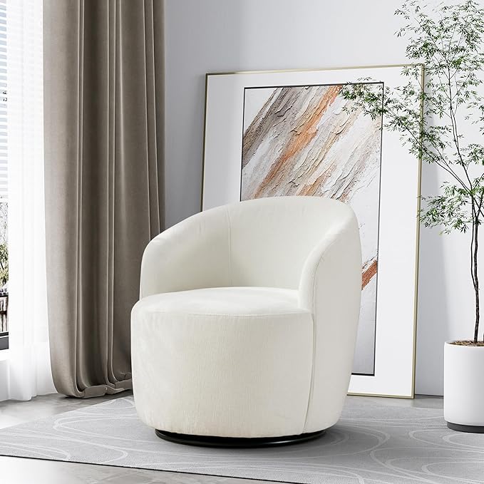 Swivel Barrel Chair Modern Comfy Boucle Swivel Accent Chair Comfy Chenille Round Armchair Small Upholstered Reading Lounge Chair for Living Room Bedroom Office Club Ivory Chenille