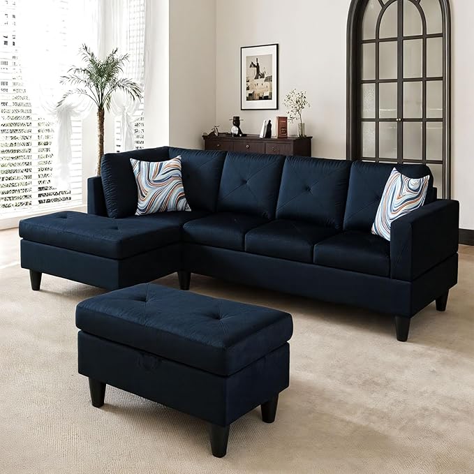 Sectional Couches for Living Room Furniture Sets 4 Seat L Shaped Couches with Ottoman Modular Sectional Sofa for Apartment Furniture Sets Dark Blue