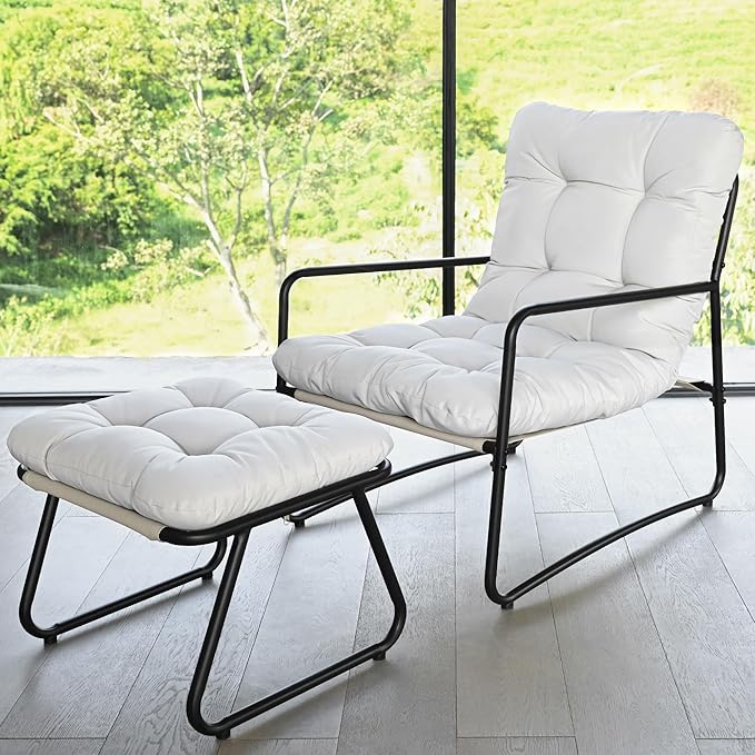 Accent Chair with Ottoman Modern Lounge Accent Chair with Armrests Living Room Chair Reading Armchair with Footrest &amp Soft Cushion for Bedroom Balcony Lounge Reading Room Beige