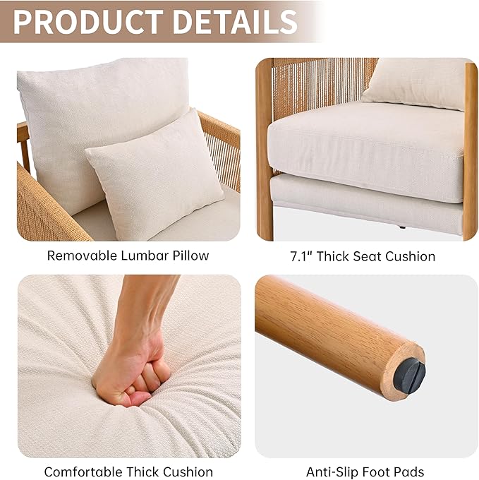 VKNOW Braid Armchair Boho Accent Chair with Solid Wooden Backrest and Armrest Rattan Chair with Waist Pillow for BedroomLiving RoomReading Room Beige