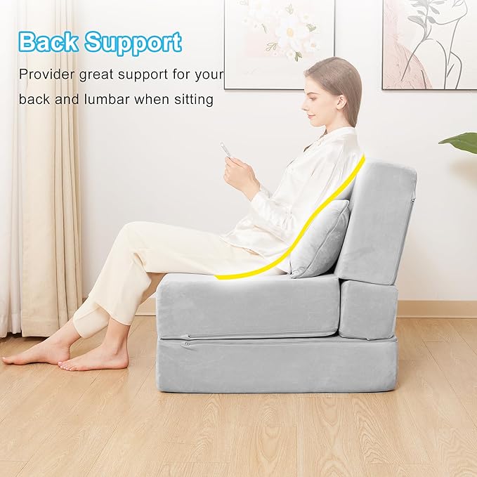 Folding Sofa Bed Convertible Sleeper Chair with Pillow Foldable Mattress &amp Back Support Portable Floor Lounger Futon for Apartment Dorm Living Room Bedroom Grey