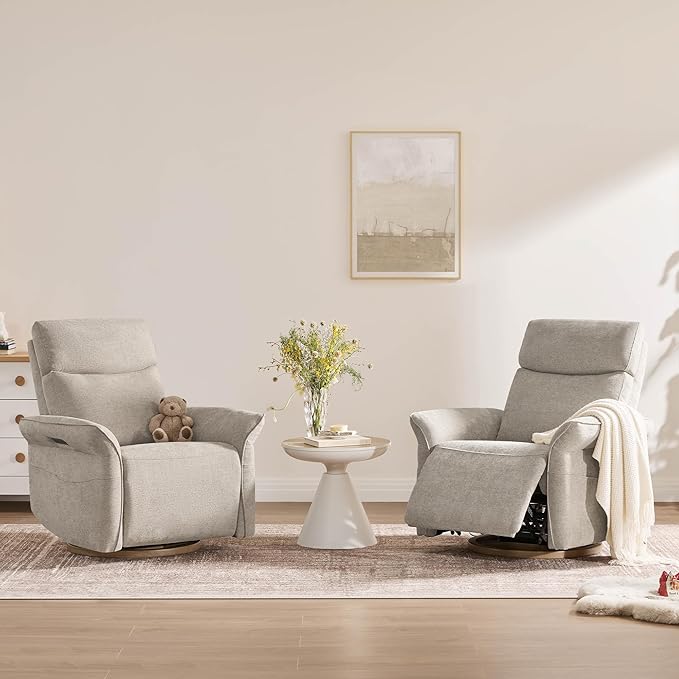 CHITA Power Recliner Chair Electric Triple-Motor Swivel Glider Nursery Rocking Chair with Adjustable Power Headrest and Lumbar Support GREENGARD Gold Certified Solid Wood Base Khaki Grey