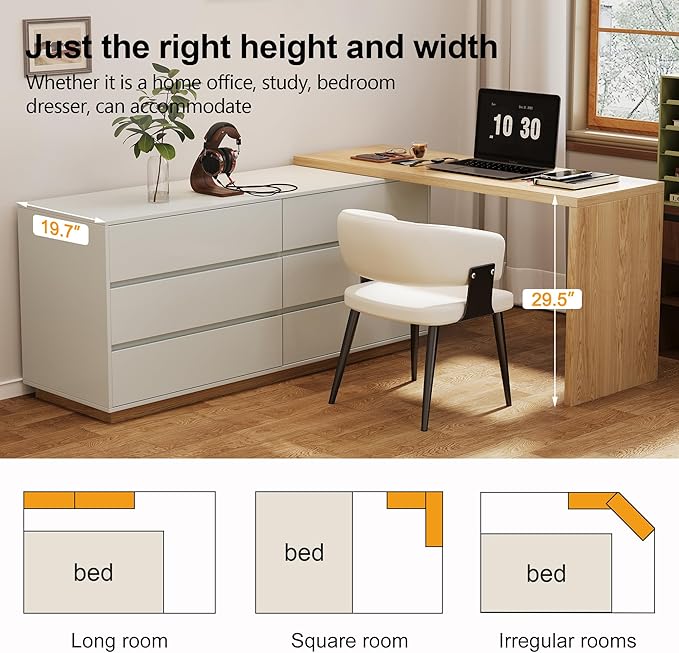 L-Shaped Desk with 6 Drawers Extendable from 56 to 98.5 Corner Desk Writing Desk Study Desk Vanity Desk Ideal for Gaming Home Office or Makeup White