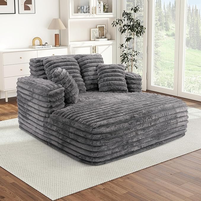 Chaise Lounge Chair Indoor Comfy Corduroy Plush Fluffy Foam Floor Compressed Sofa Chair Leisure Reading Single Sleeper Chaise Chair for Living Room Bedroom Office Pillows Included (Grey)