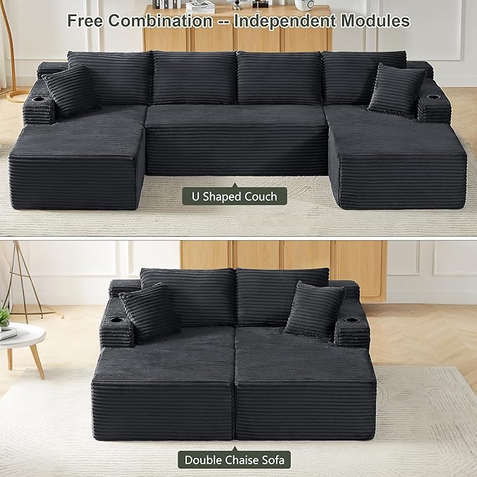 133.5 Oversized U Shaped Sectional Couch Boneless Cloud Couches for Living Room Corduroy Comfort Modular Deep Seat Sofa with Chaise Cup Holders &amp Storage Pocket No Assembly Dark Grey
