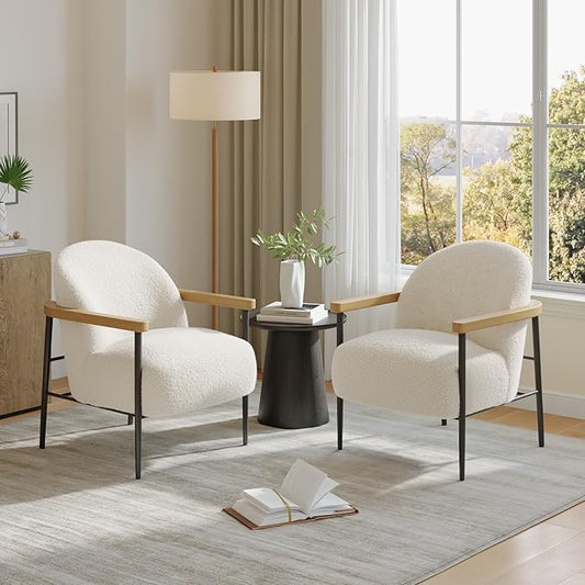 IDEALHOUSE Comfy Chair Set of 2 Modern Accent Chair with Teddy Fabric Wood Arms Metal Frame and Adjustable Feet Mid Century Modern Chair for Living RoomBedroom Office White
