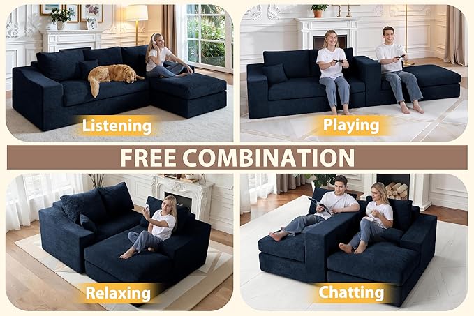 HABUTWAY 101'' Modular Sectional Sofa Cloud Sectional Couches for Living Room Comfy Boneless Couch with Deep Seat Modern L-Shape Sofa with Chaise No Assembly Required (Blue Right Facing Chaise)