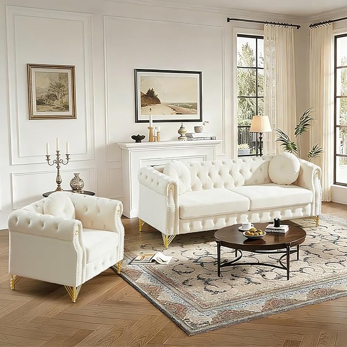 Chesterfield Velvet Button Tufted Sofa 82&amp37 Modern 4-Deep Seater Couch Retro Style Upholstered Comfy Sectional Sofa for Living Room Bedroom Apartment Office Beige