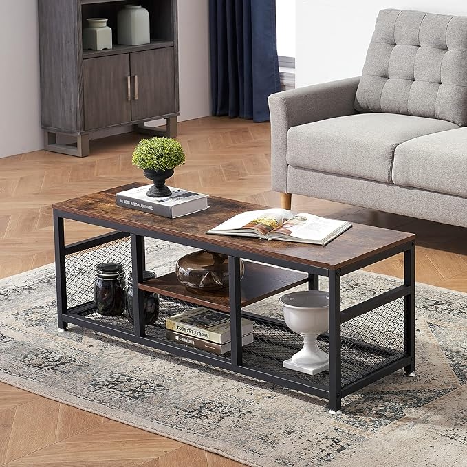 VECELO TV Stand for 55 Inch Entertainment Center Media Console Table with Storage for Living Room and Bedroom 47 Inch Brown+Black