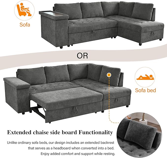 Modern 91.5-Inch L Shaped Sectional Sofa Couch Pull-out Sofa Bed Sleeper with Storage Ottoman and Wide Storage Armrest Polyester Convertible Corner Couch for Living Rooms Offices (Grey-9.8)