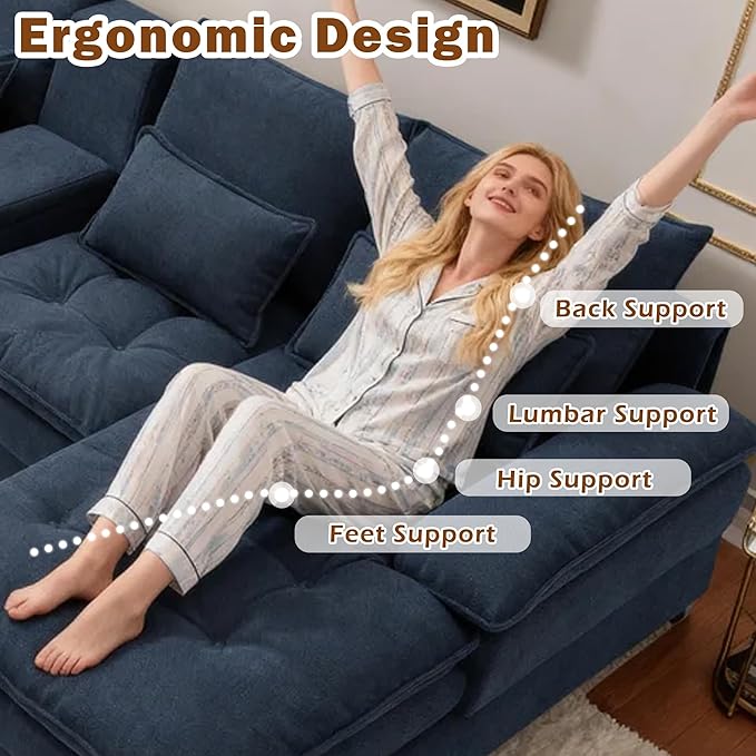130 U-Shaped Modular Sectional Sofa Oversized Cloud Couches with Storage Console &amp Cup Holders Linen Sofa with Chaise/Pillows 6-Seater Deep Seat Couches for Living Room (Blue) | Breathable mat