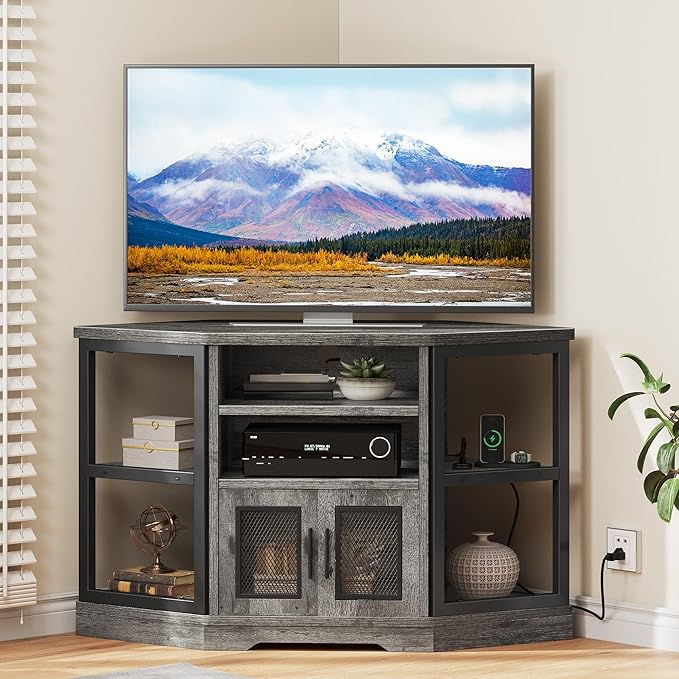 DWVO Corner TV Stand for TVs 50 Inch for Living Room Modern Farmhouse Entertainment Center with Storage TV Media Console Cabinet Grey Oak