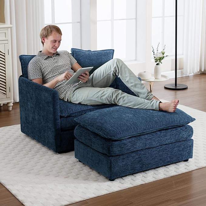 SLEERWAY Oversized Chair with Ottoman Set Modern Comfy Living Room Chenille Single Large Cloud Couch Lounge Chair Indoor for Bedroom Office Apartment Blue