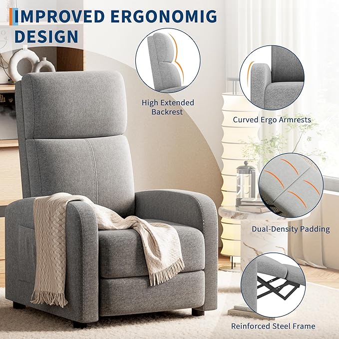 GarveeHome Linen Fabric Manual Recliner Chair with Side Pocket High Backrest Thick Cushion Adjustable Push Back ReclinerLazy Lounge Chair for Living Room Home Theater Bedroom Gray
