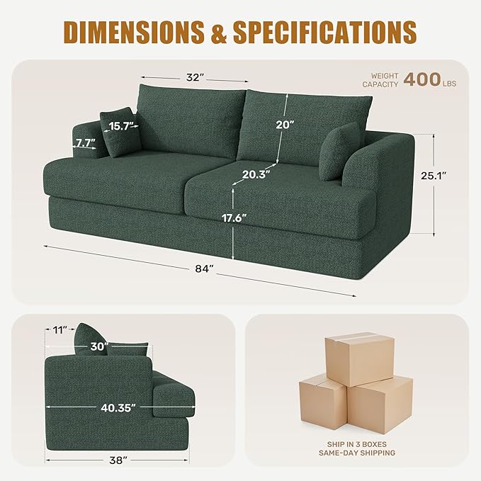 84” Loveseat Sofa Set of 3 Boneless Modular Sofa Couches for Living Room Cloud Couch with Deep SeatEasy Assembly for Small SpacesGreen