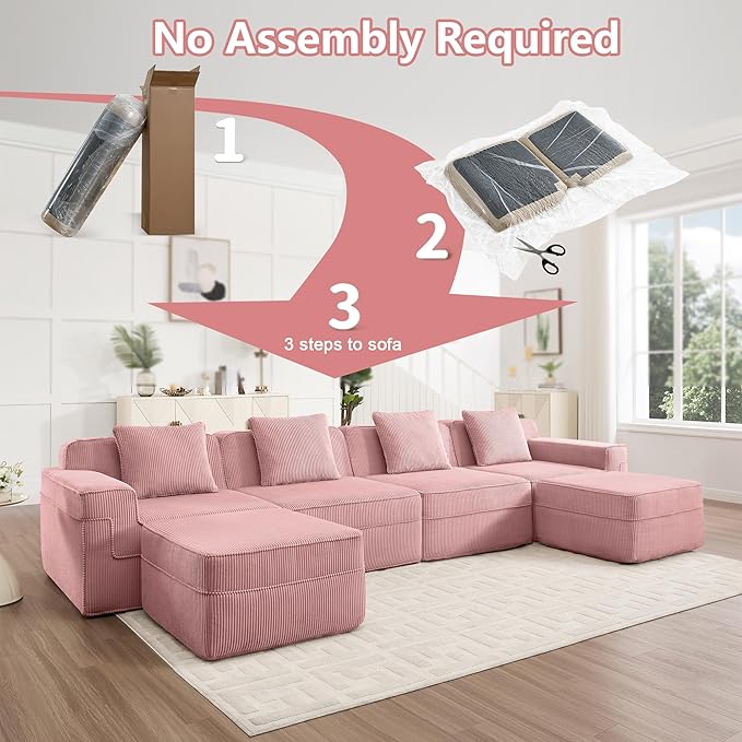 153.5 Boneless Sectional Couch for Living RoomCorduroy Cloud Sofa with Deep Seats and Wide Armrests Memory Foam Sofa 4 Seater Pink Sofa for Apartments