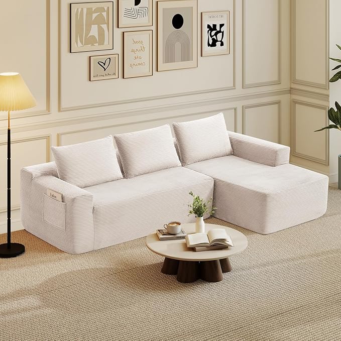 Rovibek 97” Couches for Living Room Modular Sectional Sofa with Chaise &amp Deep Seat Comfy Corduroy Boneless Couch No Assembly Required White