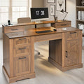 59.5 Farmhouse Executive Desk with Hutch Computer Desk with 6 Drawers File Drawer Cabinet Storage and Charging Station Home Office Writing Desk for Study BedroomBrown