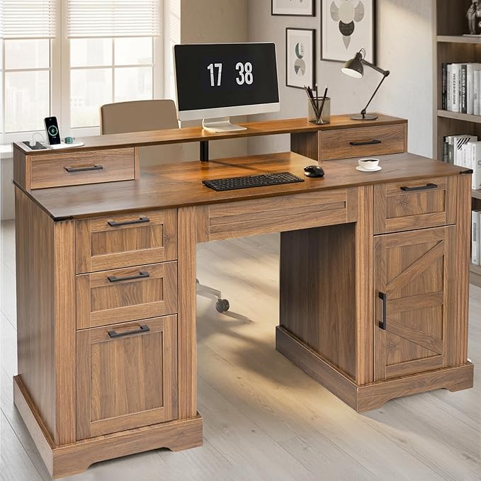 59.5 Farmhouse Executive Desk with Hutch Computer Desk with 6 Drawers File Drawer Cabinet Storage and Charging Station Home Office Writing Desk for Study BedroomBrown