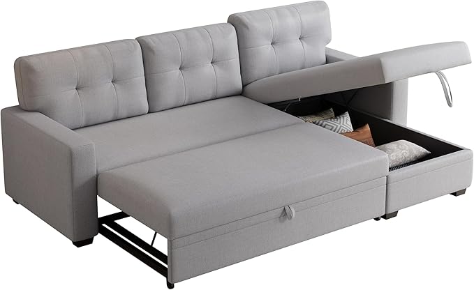 Ball &amp Cast L-Shape Convertible Sectional Sleeper Sofa Bed 4 in 1 Pull Out Couch with Reversible Storage Chaise &amp Removable Back CushionsSleeper Corner Couch Pull Out Sofa Bed for Living Room