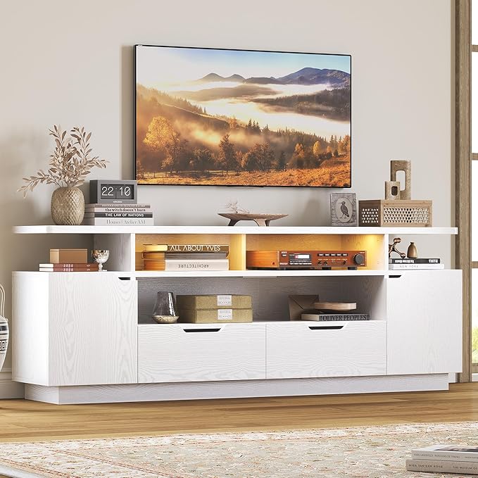 IRONCK TV Stand for TVs 85 inch with Power Outlet and LED Lights Entertainment Center with Storage Cabinets Media TV Console with Drawers Modern TV Stand for Living Room White