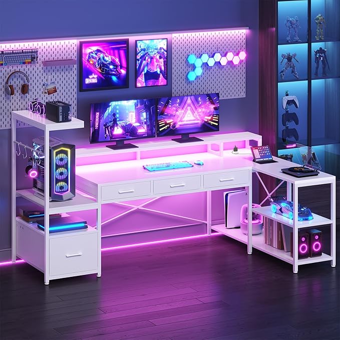 SEDETA L Shaped Gaming Desk with PC Display Stand 59Inch Reversible Computer Desk with Storage Shelves 4 Drawer &amp LED Lights Modern Gamer Desk Table with Power Outlet Monitor Stand White