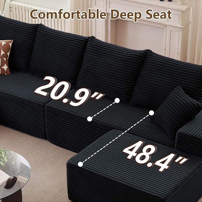 140 Sectional Cloud Couch for Living Room Modular Floor Sofa with Corduroy No Assembly Required Big Comfy Couches Set with Fluffy Memory Foam Stupendous U Shaped Sofas Black