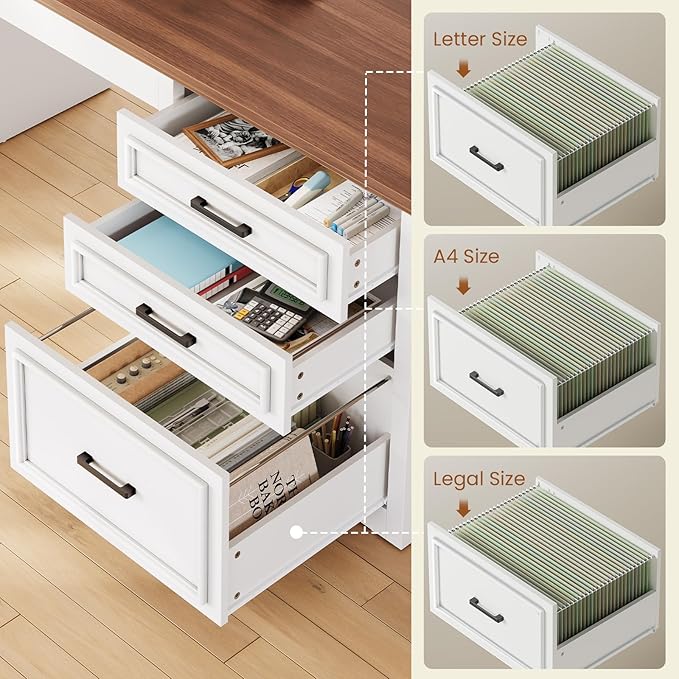 SEDETA Farmhouse L Shaped Electric Standing Desk 63 x 67 Height Adjustable Home Office Executive Desk with Drawers and Shelves Standing Computer Desks with Power Outlet for Home Office White