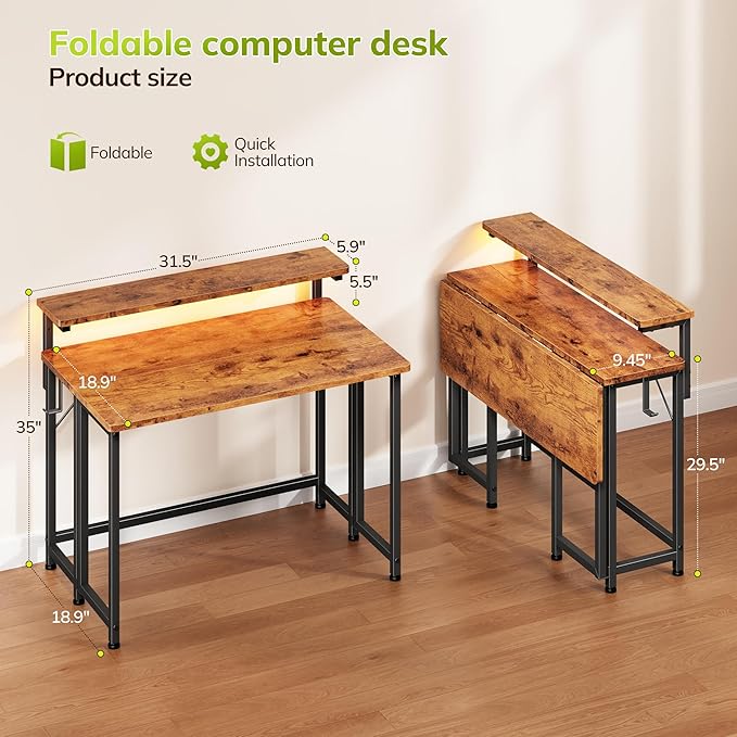 Folding Desk for Small SpaceFoldable Computer Desk with Monitor Stand31.5 Inch Small Desk with LED Lights for Bedroom Home OfficeWriting Work Office Computer Desk with HooksRustic Brown