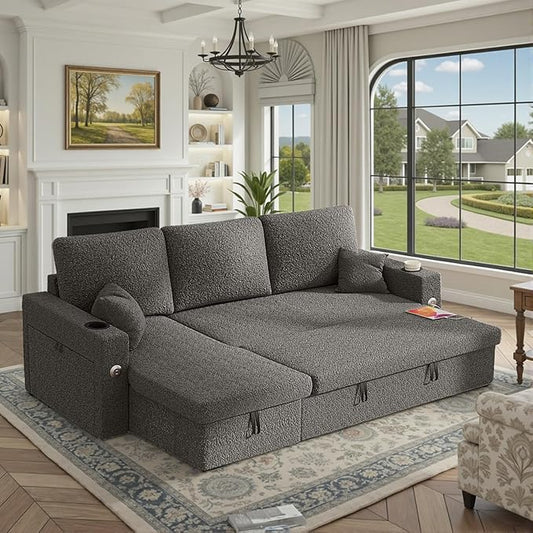82 Inch L-Shape Sectional Couch 4-in-1 Multifunctional Pull-Out Couch Sleeper Sofa with Storage Chaise Charging Station Cup Holder for Living Room/Office/Apartment (Dark Gray)