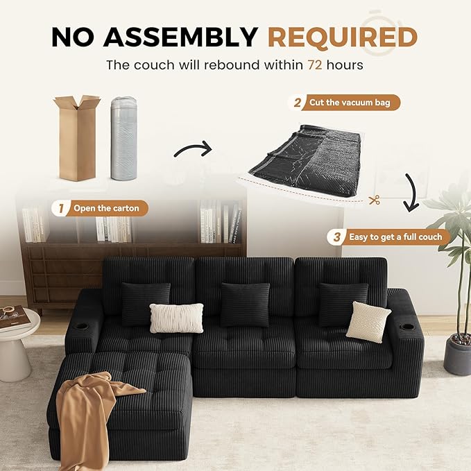 112 L Shaped Cloud Boneless CouchModern Modular Sectional Sofa with Layered CushionNo Assembly Convertible Corduroy Couches for Living RoomBlack 1 PCS