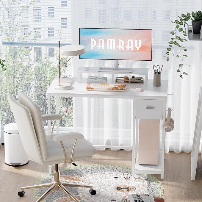 Pamray 39 Inch Computer Desk with Monitor Stand Small Home Office Desks with Non-Woven Storage Drawer for Bedroom Study Table Writing and Work Desk WhiteWhite Leg