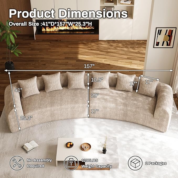 157 Oversized Curved Sectional Sofa for Living RoomChenille Curved Couch with Extra Deep &amp Wide Seat Modern Boucle Sectional Couches for Living Room with 6 Throw Pillows No Assembly Needed Bro