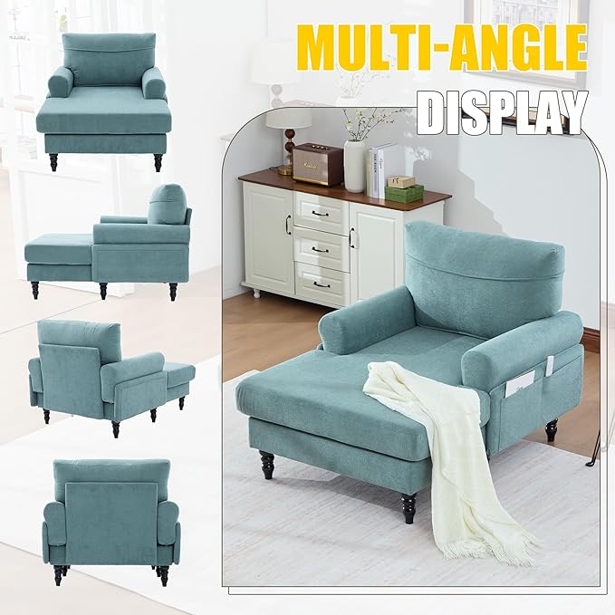 KEIKI Chaise Lounge Chair Indoor Oversized Accent Chenille Armchair with Storage Leisure Sleeper Single Sofa Side Chair Corner Recliner Arm Chairs for Living Room Reading Easy Assembly Mint Green