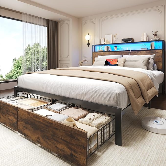 Lifezone Queen Bed Frame with 2-Tier Storage Headboard Metal Bed Frame with Storage Drawers &amp Built-in Charging Station &amp LED Noise-Free No Box Spring Needed Easy Assembly Rustic Brown