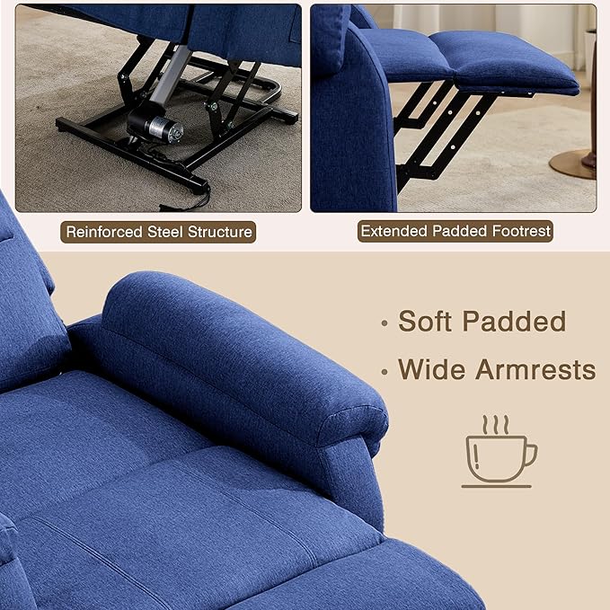 Power Lift Recliner Chair Recliners for Elderly with Heat and Massage Recliner Chair for Living Room with Infinite Position and Side Pocket USB Charge Port (Dark Blue)