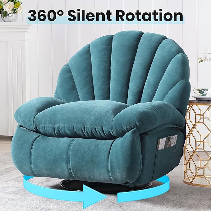 Swivel Rocker Recliner Chair – Shell Shape Manual Big Tall Single 360° Swivel Reclining Sofa with Storage Pockets | Small Space-Friendly for Living Room/Bedroom (NO Massage &amp Heat Green)