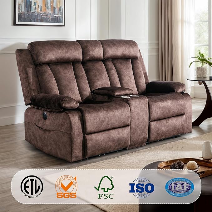 Power Reclining Loveseat with Heat &amp Massage Dual Recliner Sofa with Console Cup Holders USB &amp Type-C Ports 2 Seater Electric Reclining Couch for Living Room RV (Brown 2 Seat)