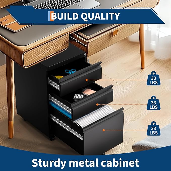 3-Drawer Mobile File Cabinet with Lock &amp Wheels Under Desk Lateral Filing Cabinet for Legal/Letter/A4 Files Adjustable Shelf Easy Assembly Office Home Storage Dark Black