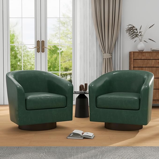 UIXE 360° Swivel Barrel Accent Chair Armchair PU Leather Round Club Arm Chair for Lving Room Modern Upholstered Small Bedroom Single Sofa Seat - Green Set of 4