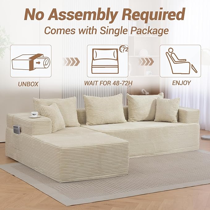 105'' Boneless Cloud Sectional Corduroy Sofa Couch Set for Living Room Bedroom Apartment Beige