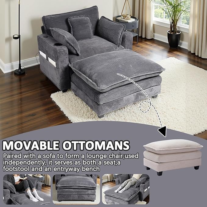 Oversized Chair with OttomanOversize Chaise LoungeReading Boneless Sofa BedChaise Lounge Chair Indoor with Side PocketSleeper Couch with USB&ampCup HolderCorduroy Sofa Couch for Living Room (Gre