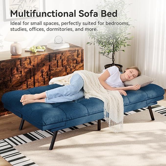 Vipbear 71 Convertible Futon Sofa BedLinen Fabric Futon Couch with Detachable CushionAdjustable Backrest &amp ArmrestModern Loveseat Sleeper Recliner for Living RoomOfficeApartmentRetro Blue