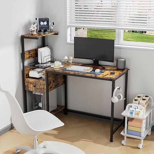 Computer Desk with Power Outlet &amp Storage Shelves Study Writing Table with USB Ports Charging Station PC Desk Workstation for Home Office Brown