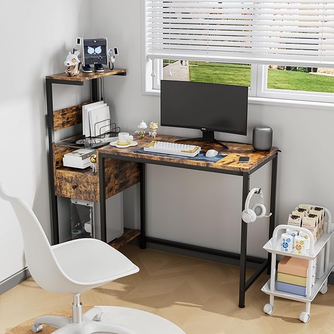 Computer Desk with Power Outlet Storage Shelves Study Writing Table with USB Ports Charging Station PC Desk Workstation for Home Office Brown