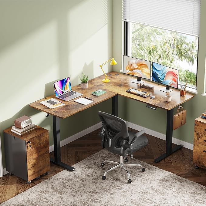 DEVAISE L Shaped Standing Desk Adjustable Height Dual Motor Electric Corner Standing Desk 63x55 inch Sit Stand up Home Office Desk with Splice Board Rustic Brown