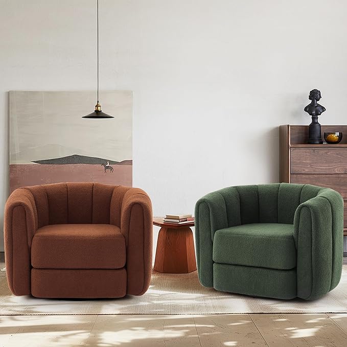 SUNWAVE Swivel Accent Chair 360-degree Swivel Barrel Chair with Teddy Upholstery Comfy Pumpkin-Shaped Accent Chair for Living Room Bedroom or Office (1 Brown 37)